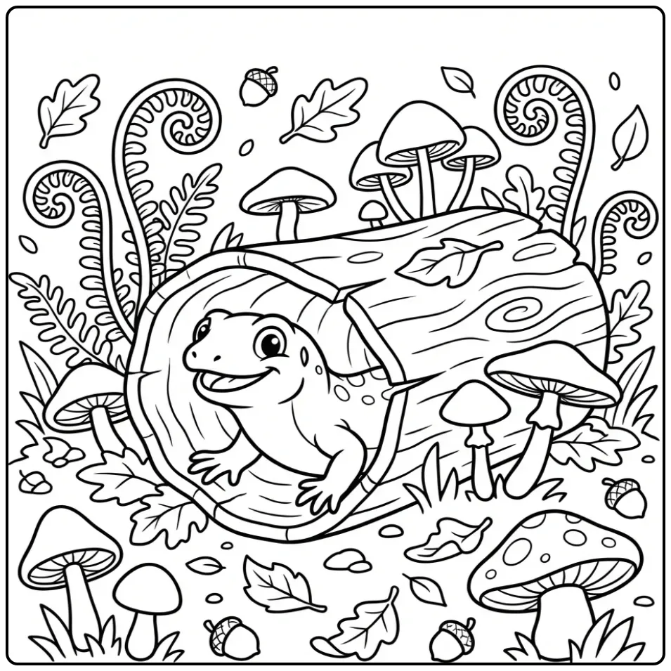 Lizard coloring page in a hollow tree trunk