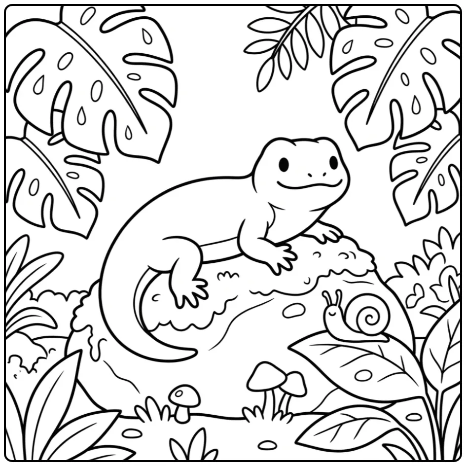 Lizard coloring page resting by monstera plants