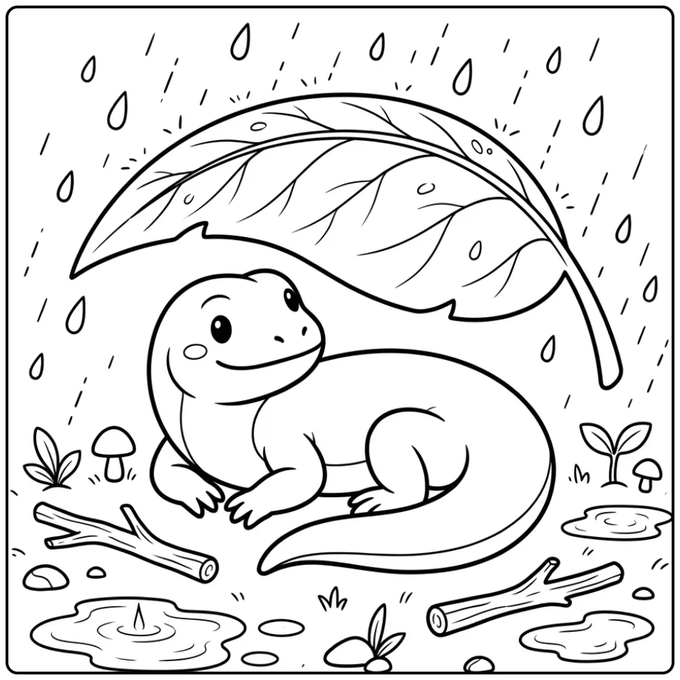 Lizard coloring page under a large leaf in the rain