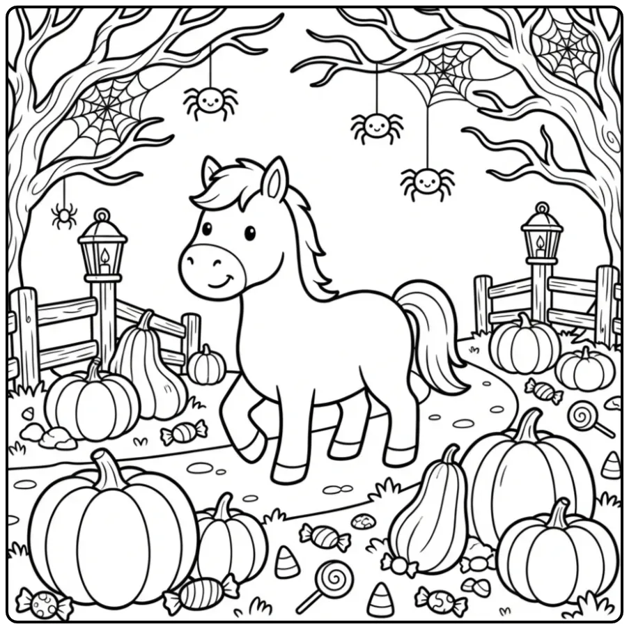 Halloween Horse with Lanterns and Cobwebs coloring page
