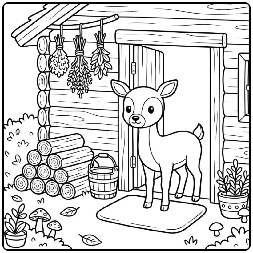 Cozy Deer by a Log Cabin with Herbs coloring page