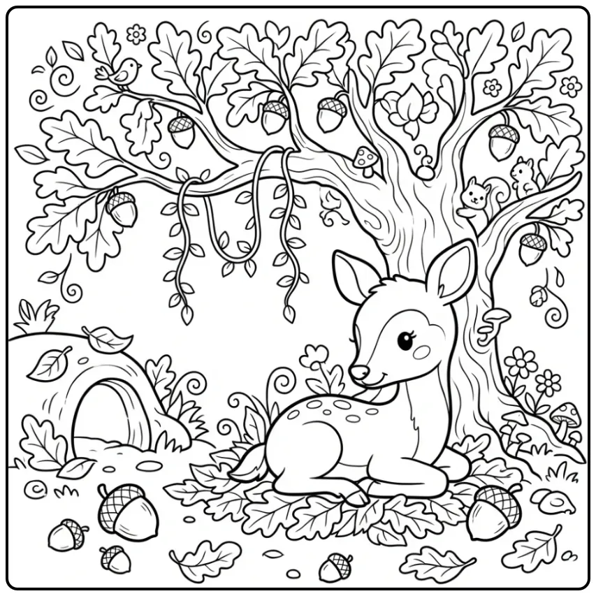 Deer with Acorns and Leaves in the Forest coloring page