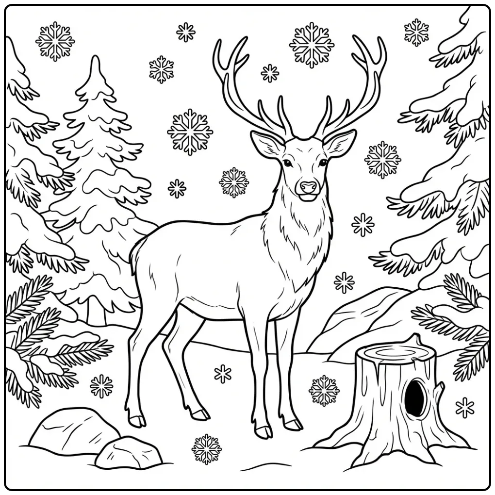 Deer coloring page in a snowy winter forest