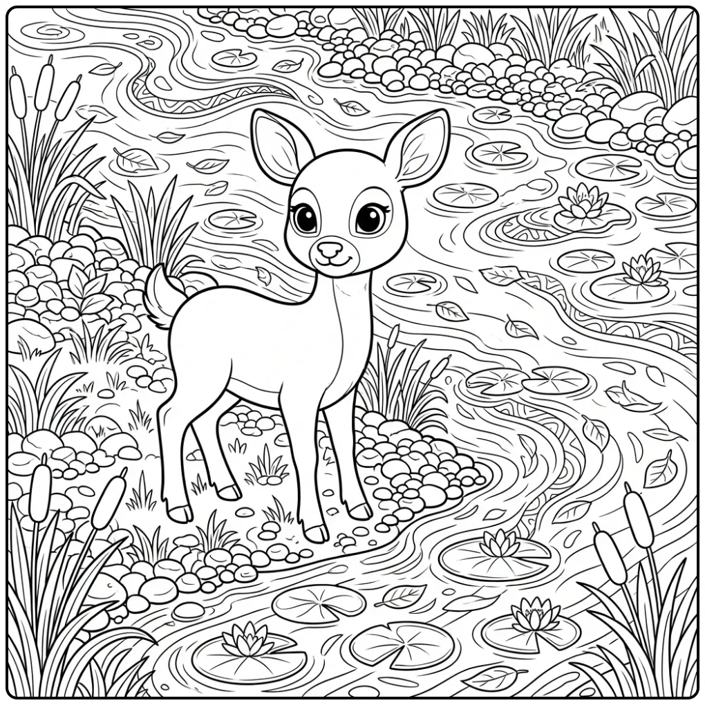 Detailed Deer with Pebbles and Lily Pads coloring page