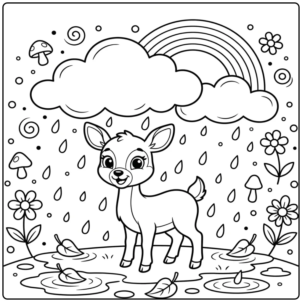 Deer Under a Rain Cloud and Rainbow coloring page