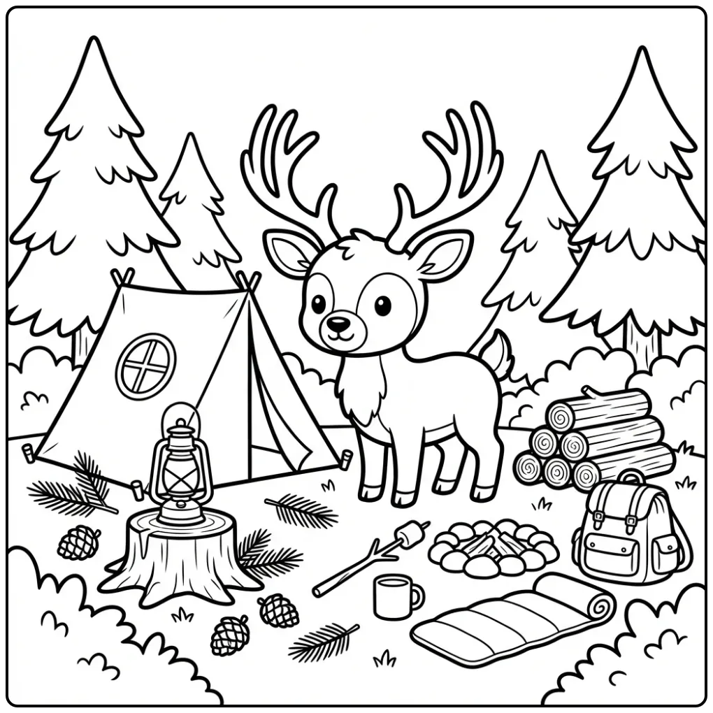 Deer at a Campsite with a Tent and Lantern coloring page
