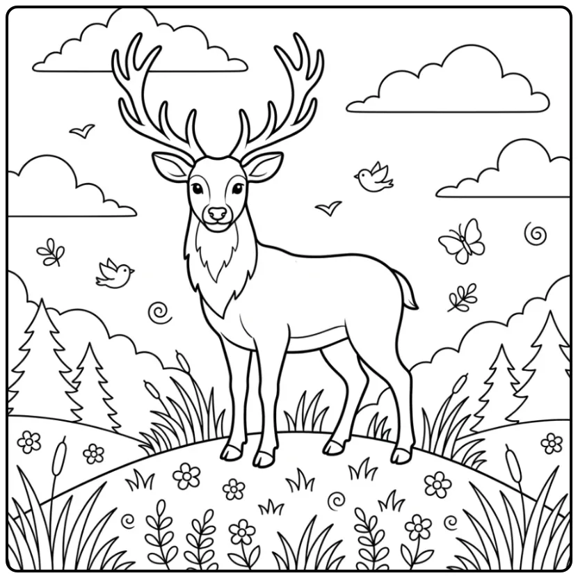 Proud Buck Among Pine Trees and Grass coloring page