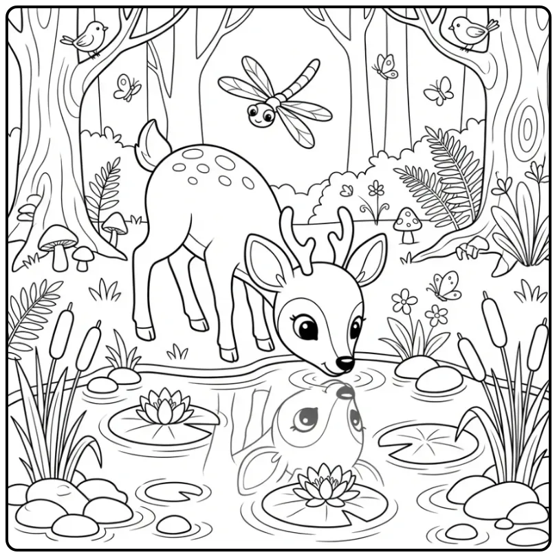 Fawn by a Forest Pond with Water Lilies and Reeds coloring page