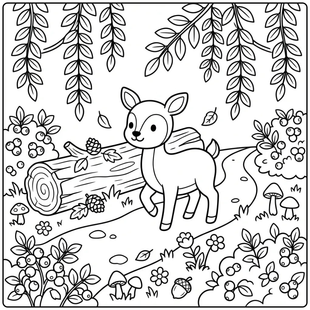 Fawn in the Forest with Berries and Pine Cones coloring page
