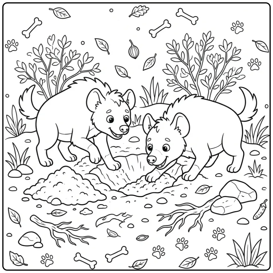 Hyena coloring page featuring two digging hyenas