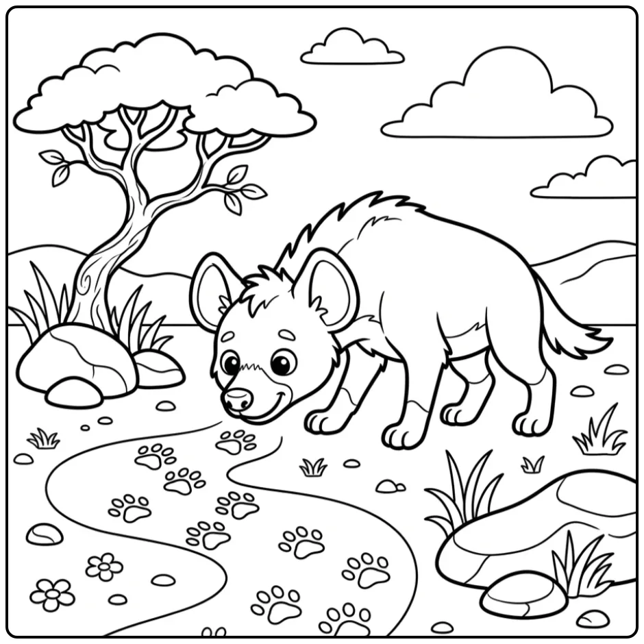 Hyena coloring page showing a hyena tracking footprints
