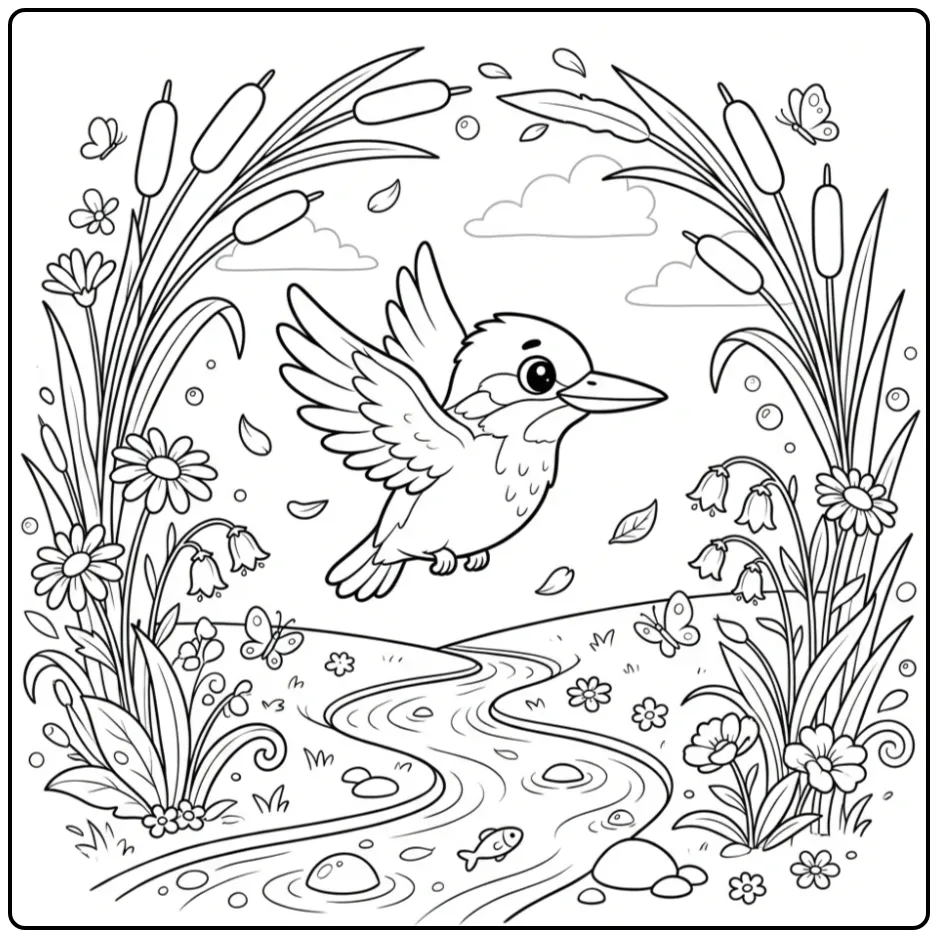 Kingfisher Above a Winding River coloring page
