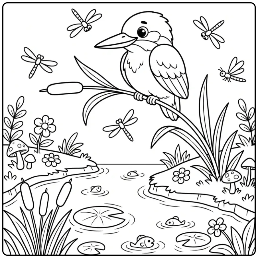 Kingfisher with Dragonflies and Water Lilies Drawing coloring page