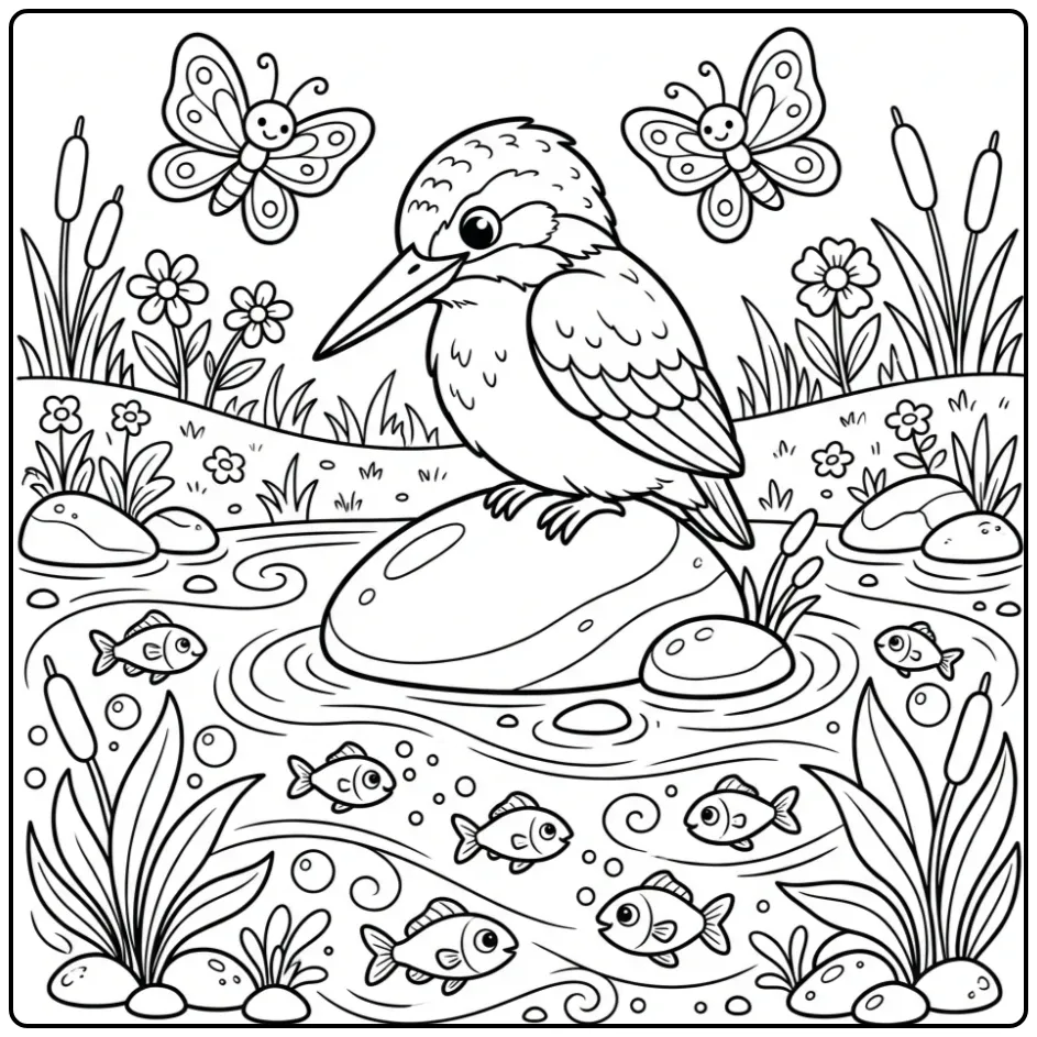 Kingfisher with Butterflies and Fish at the Waterside coloring page