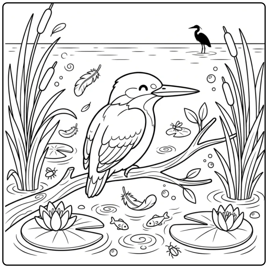 Kingfisher with Water Lilies and a Small Heron coloring page