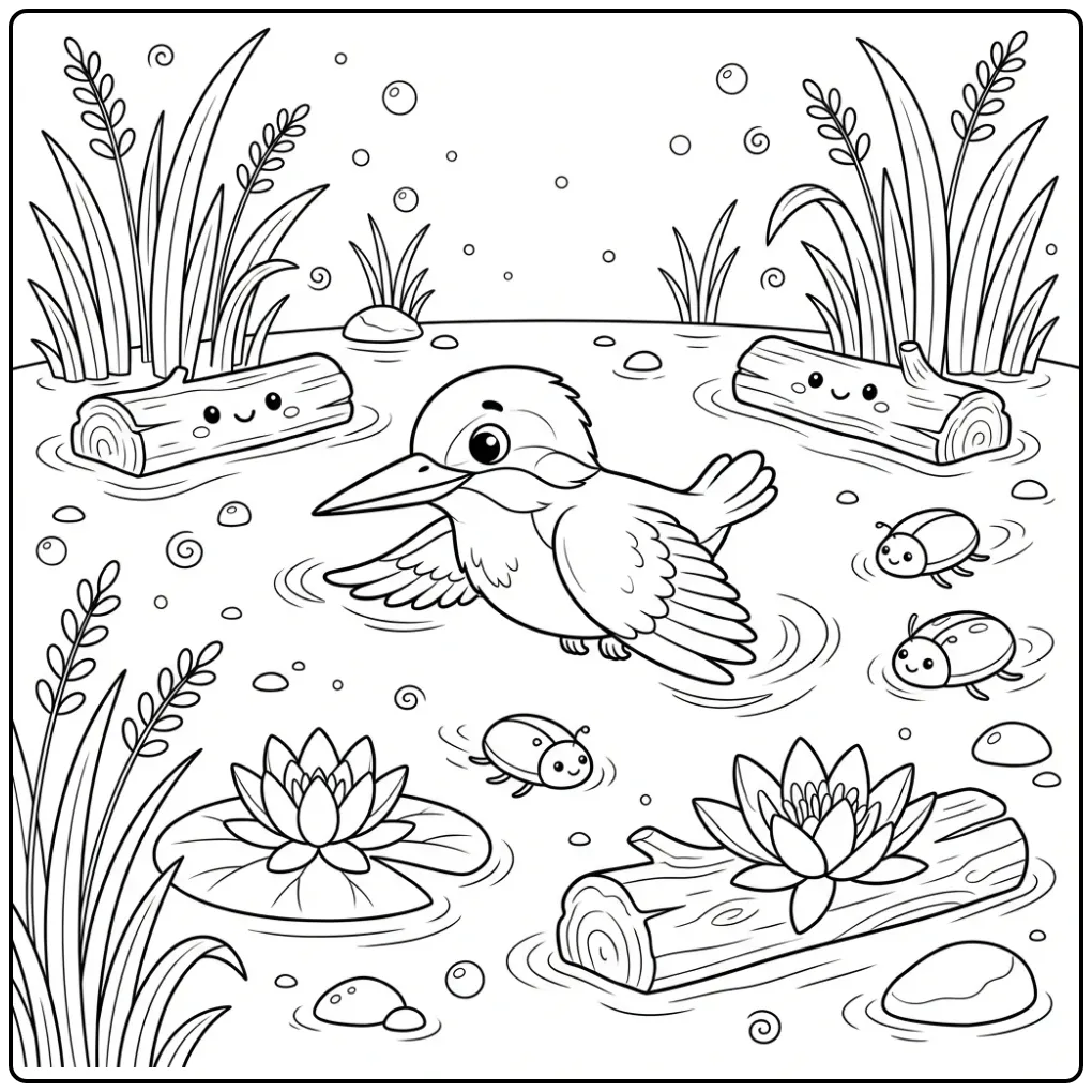 Kingfisher Floating Above Water with Lilies coloring page