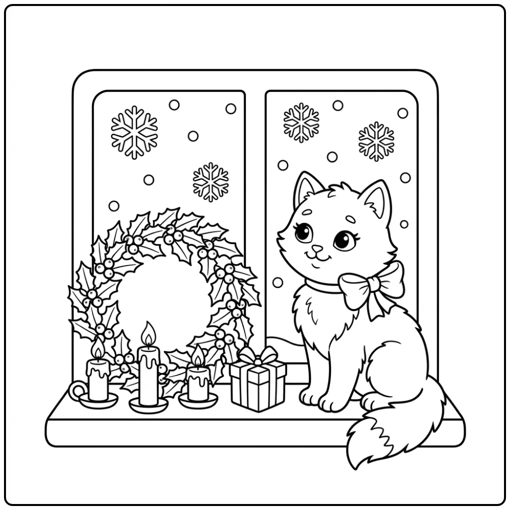 Christmas Cat with Candles and a Gift coloring page