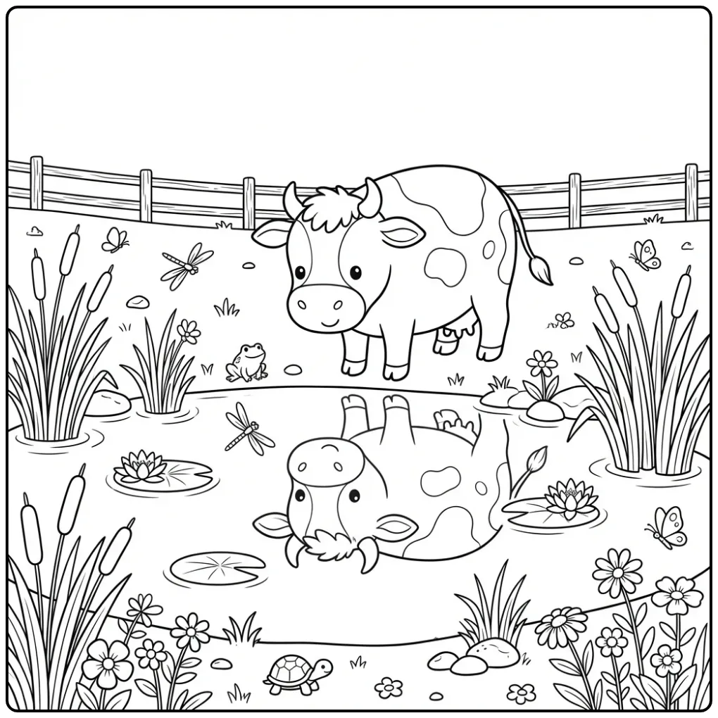 Cow Looking Toward Her Mirror Image in the Pond coloring page
