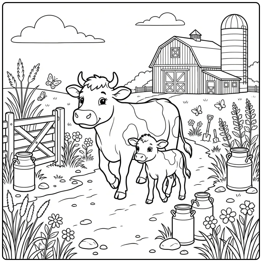 Cow and Calf with a Barn and Milk Cans coloring page