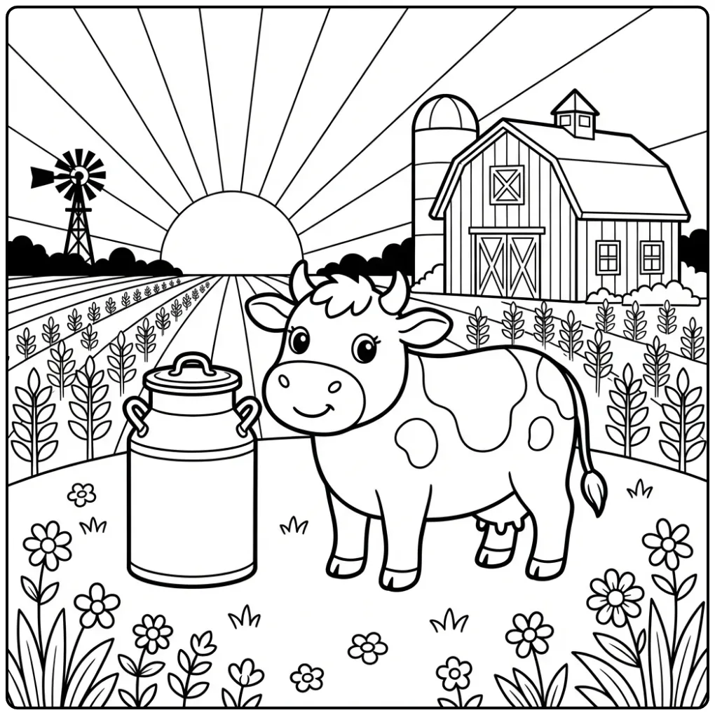 Cow on a Farm with a Milk Can and Sun coloring page