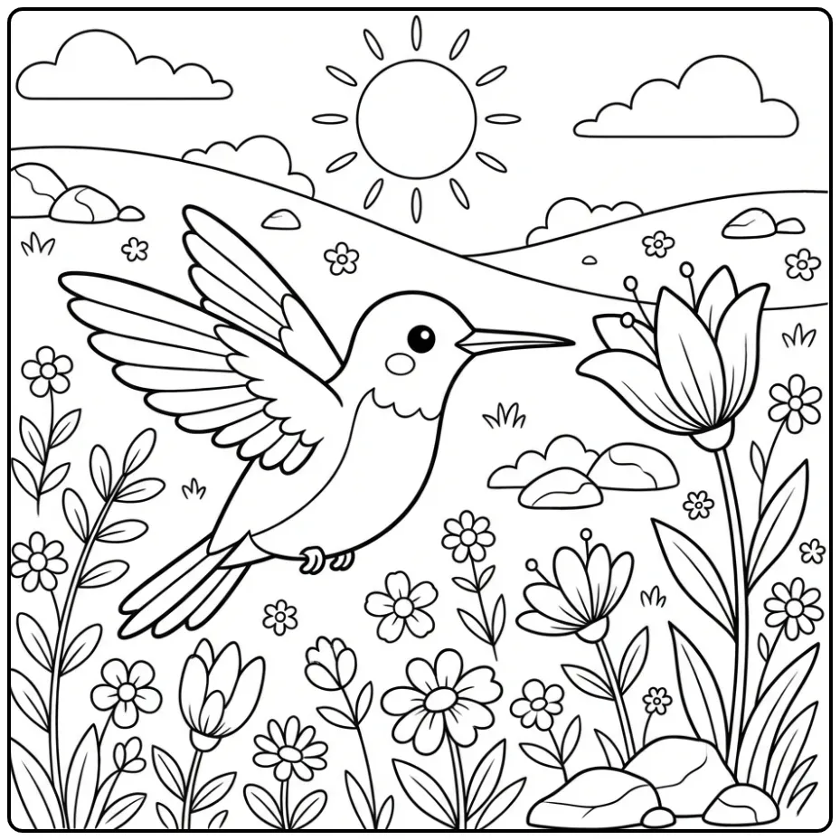 Hummingbird Floating Above Wild Flowers in the Mountains coloring page