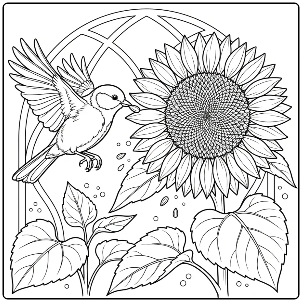 Great Tit with a Sunflower in the Garden coloring page
