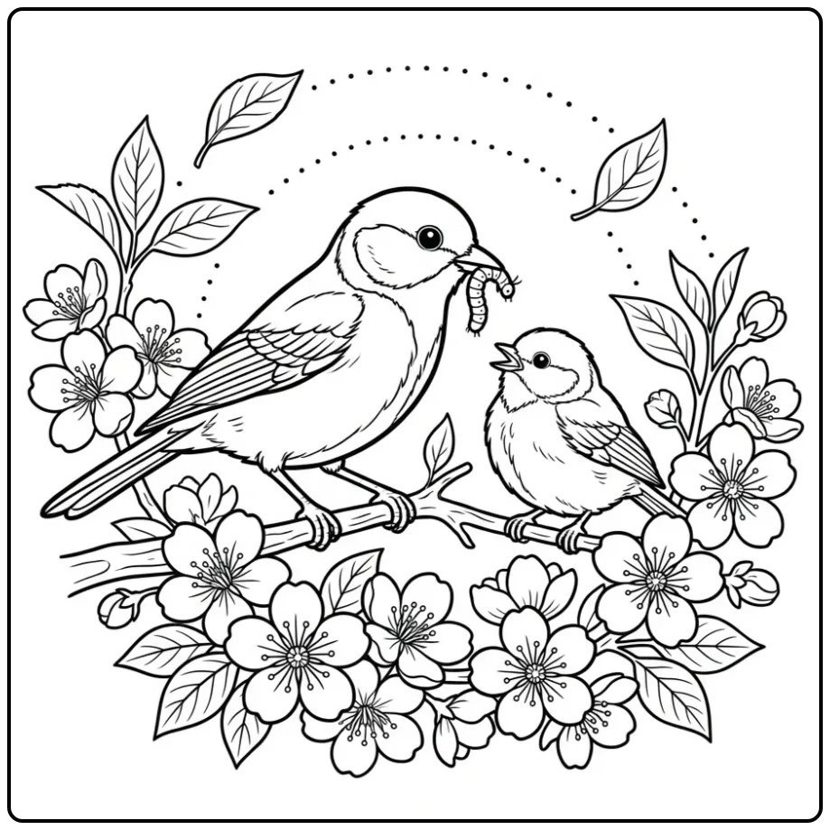 Great Tit with Young and Blossoms coloring page