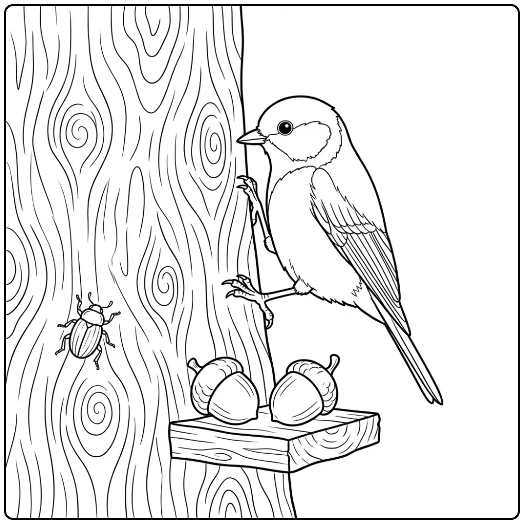 Great Tit on a Tree Trunk with Acorns coloring page