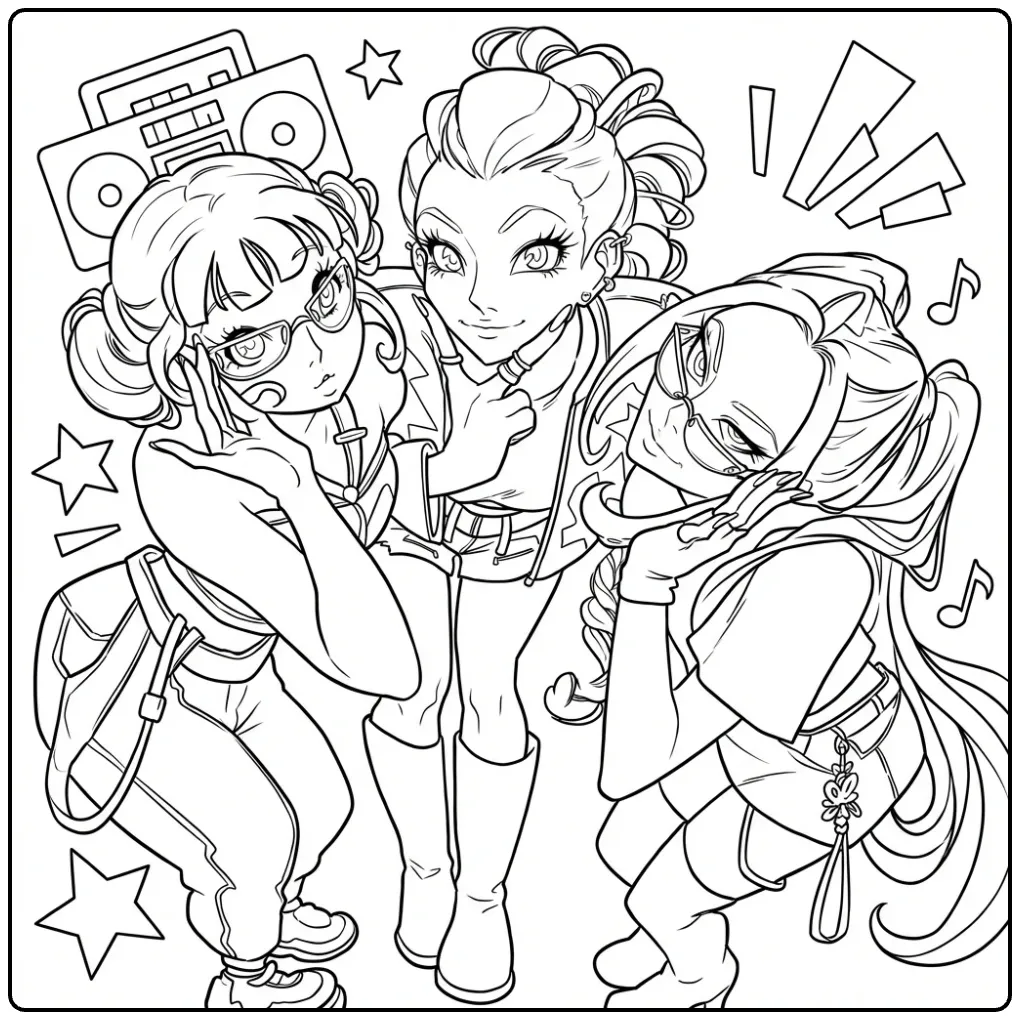 KPop Demon Hunters Anime Friend Group coloring page