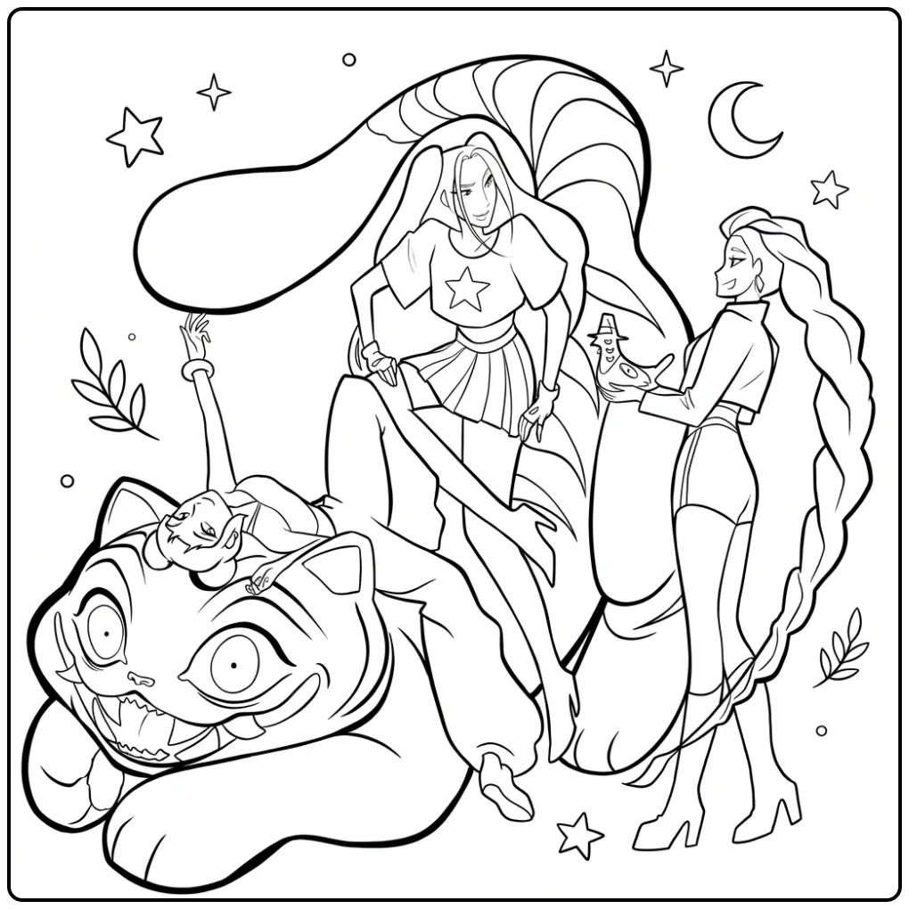 KPop Demon Hunters Derpy Cat and Team coloring page