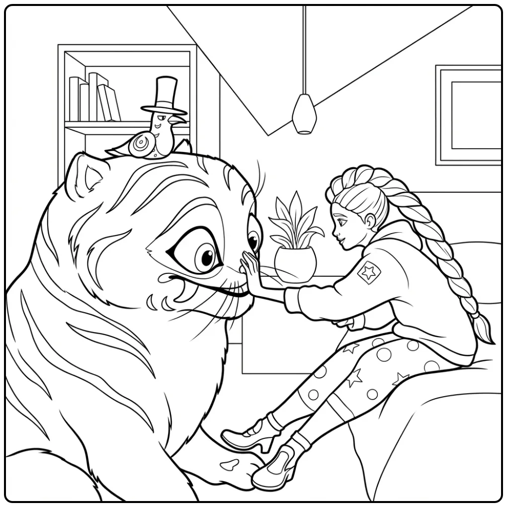 KPop Demon Hunters Derpy Girl and Tiger coloring page