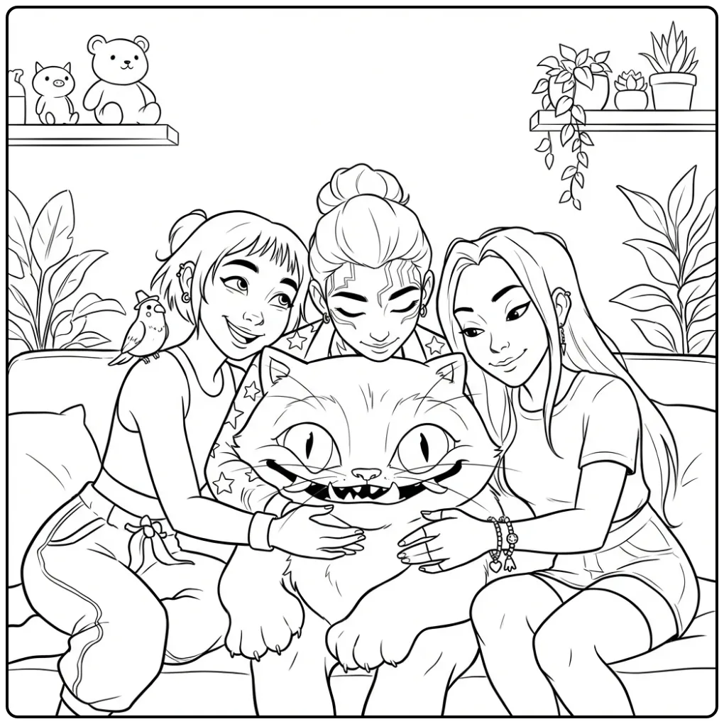 KPop Demon Hunters Derpy with a Big Cat coloring page