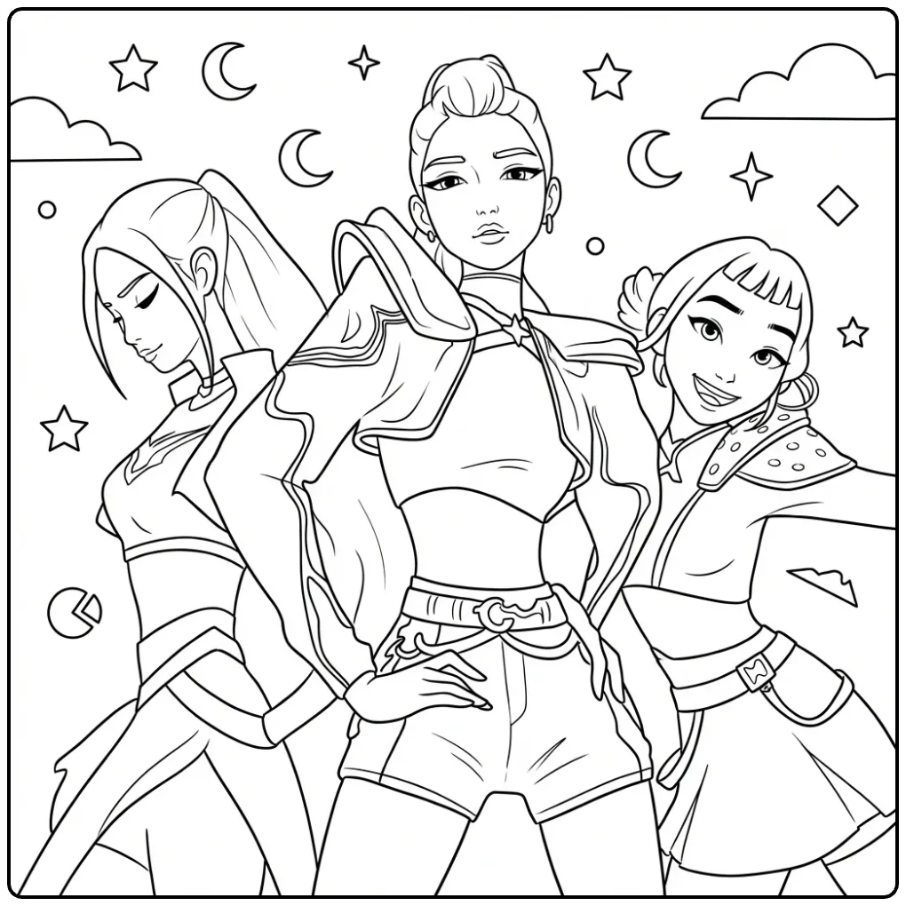 KPop Demon Hunters Three Tough Heroines coloring page