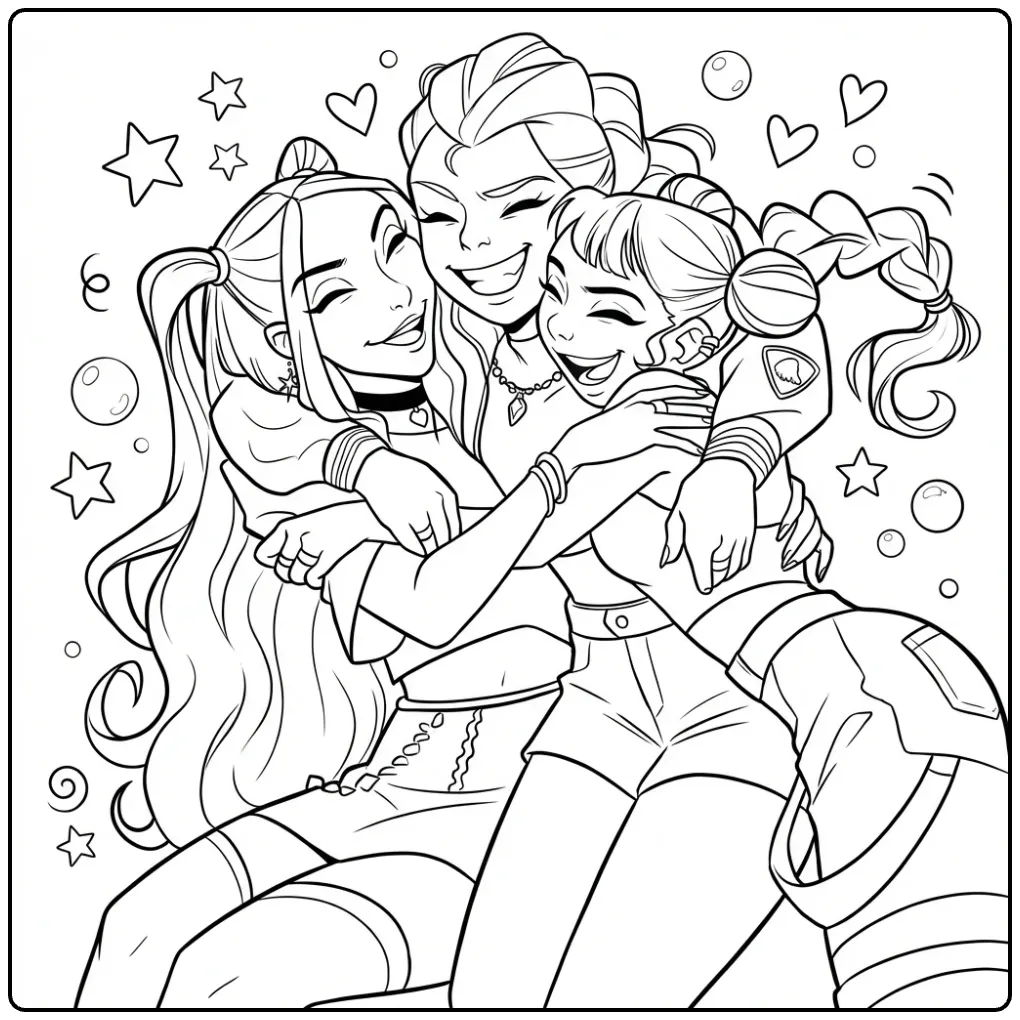 KPop Demon Hunters Three Friends Hug coloring page