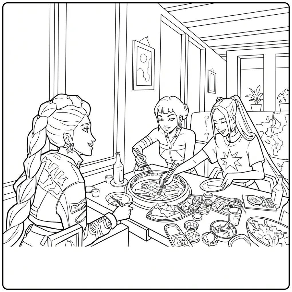 KPop Demon Hunters Cozy Dining Out coloring page