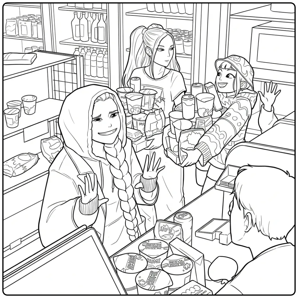 KPop Demon Hunters Shopping Haul After the Chase coloring page
