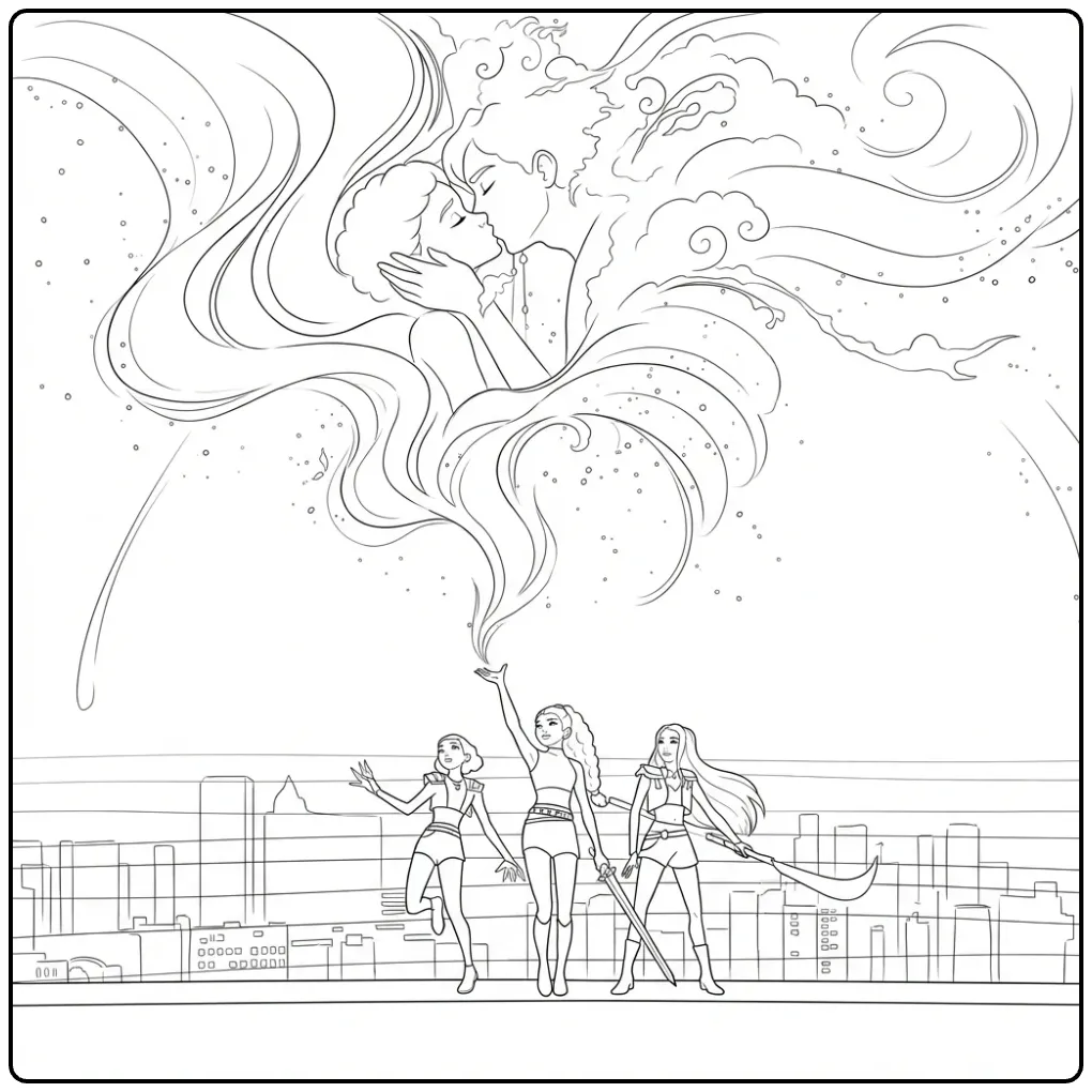 KPop Demon Hunters Heroes and a Magical Kiss coloring page