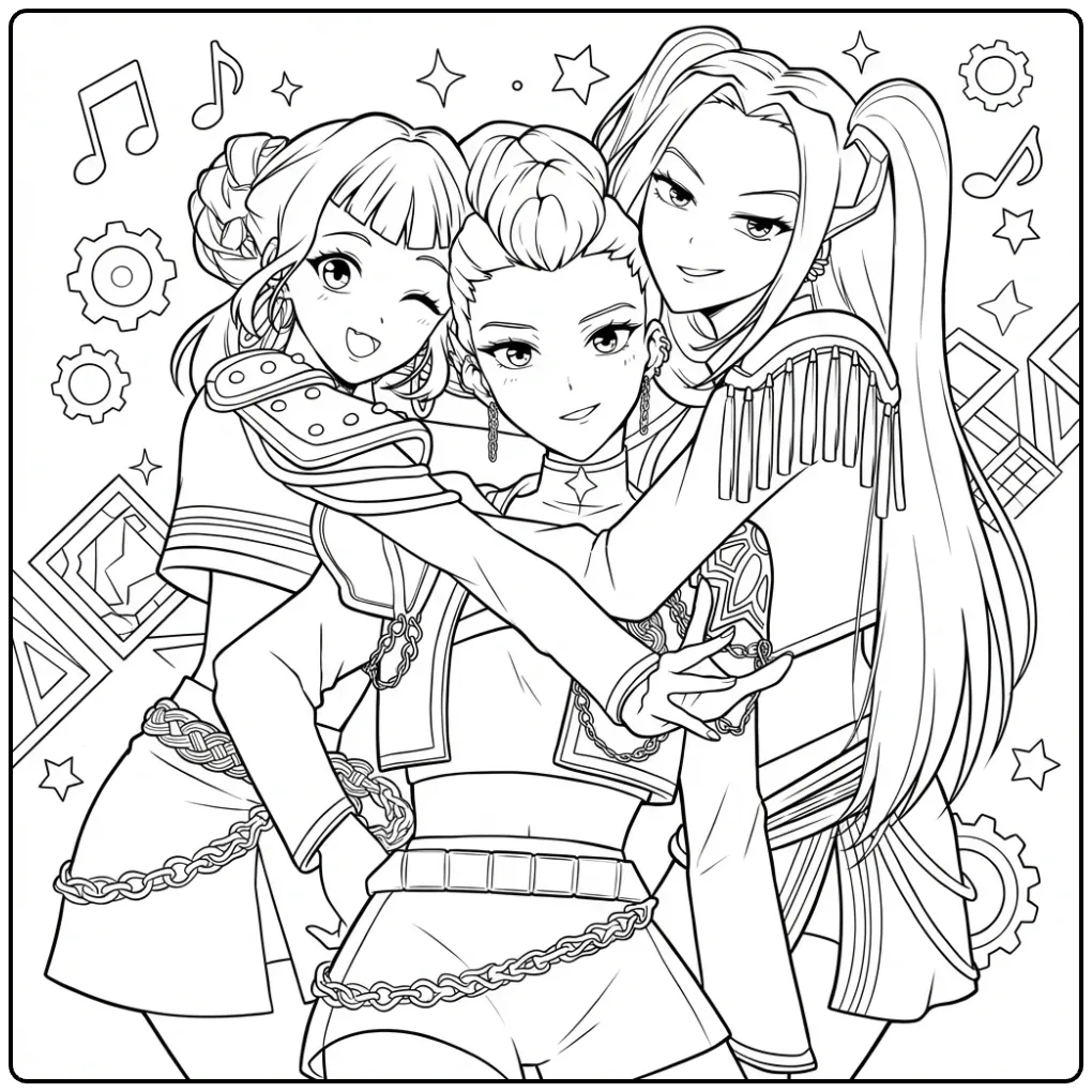KPop Demon Hunters the Brave Trio coloring page
