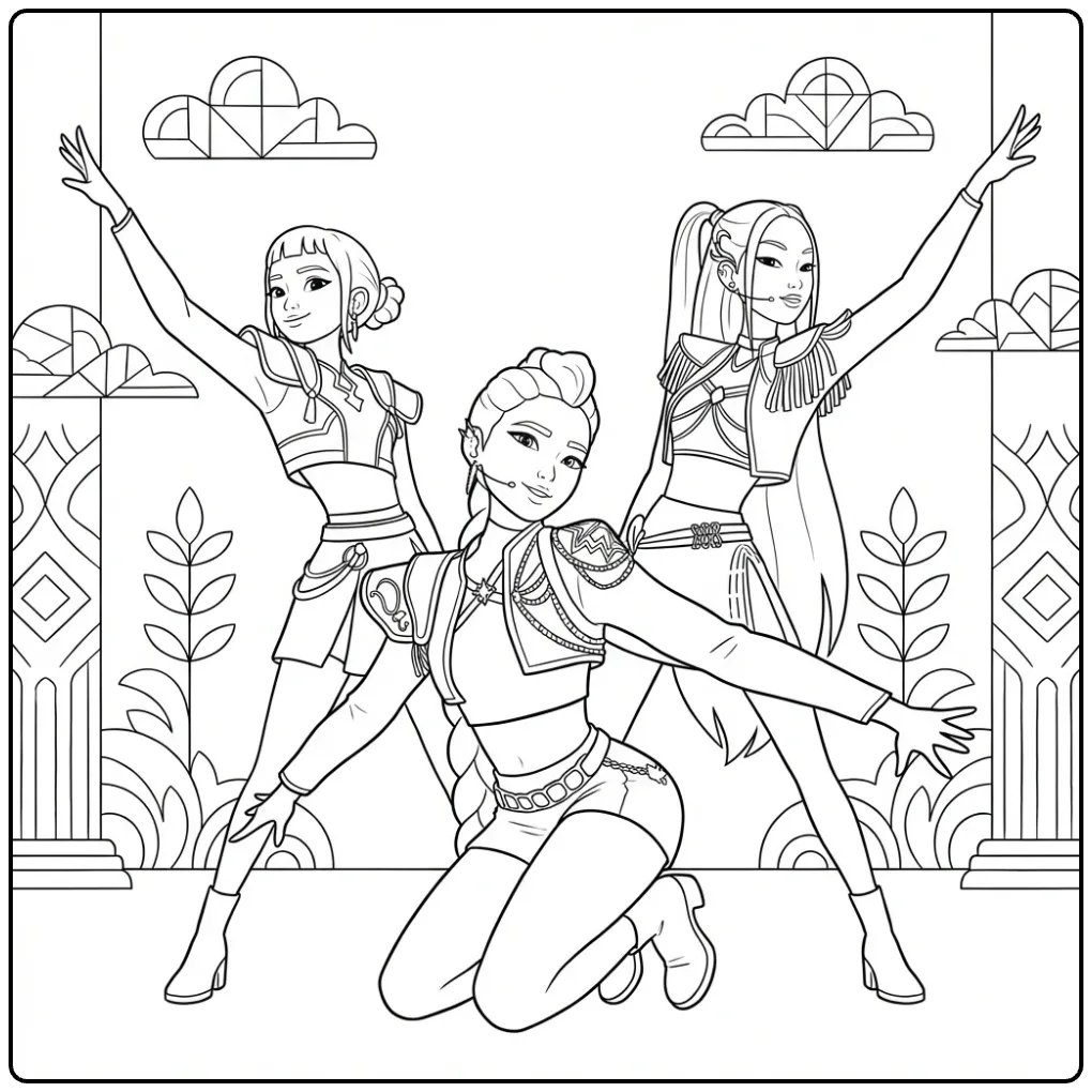 KPop Demon Hunters Action Heroes coloring page