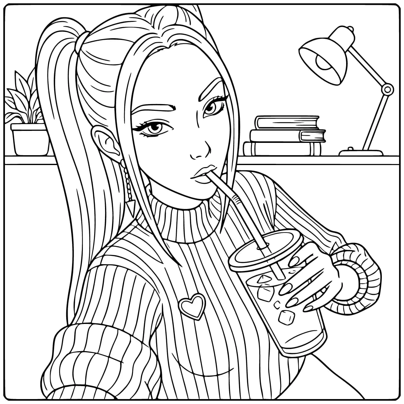 KPop Demon Hunters Mira with Girl and Drink coloring page