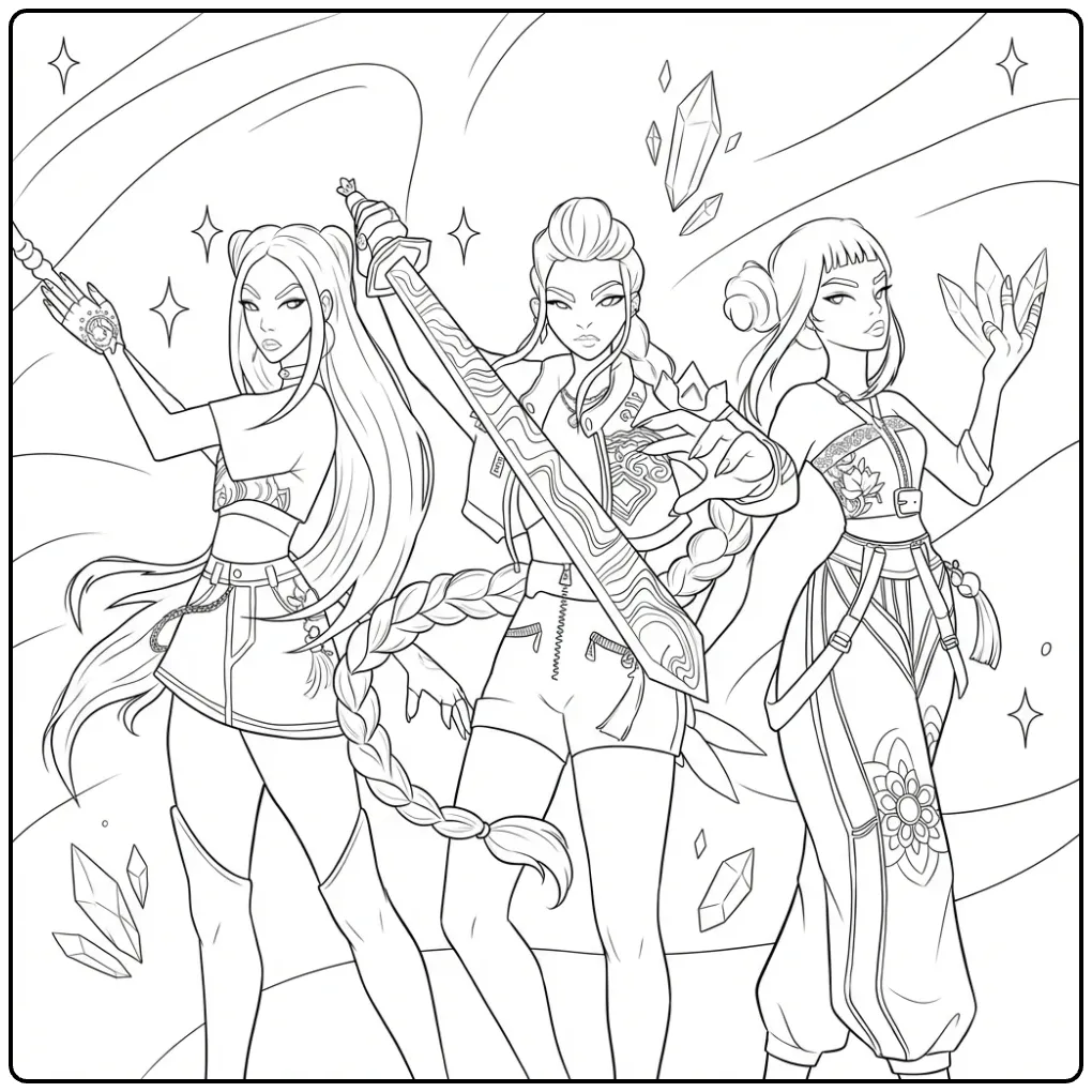 KPop Demon Hunters line art coloring page