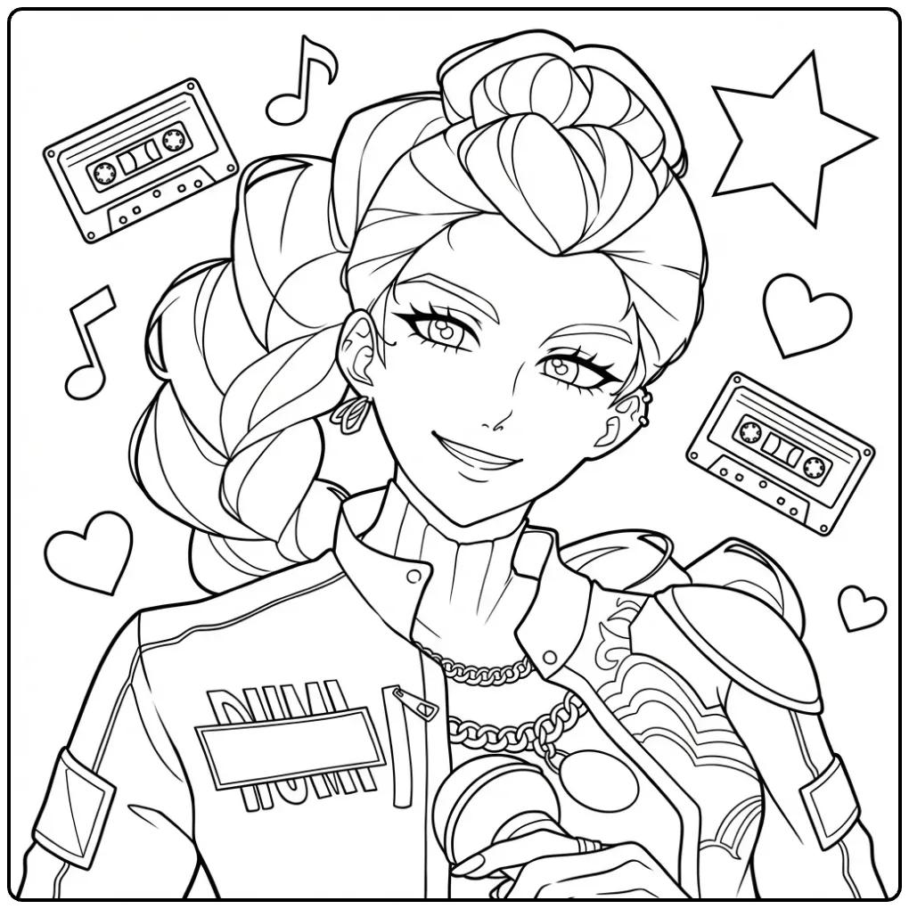 KPop Demon Hunters Rumi coloring page singing with a microphone