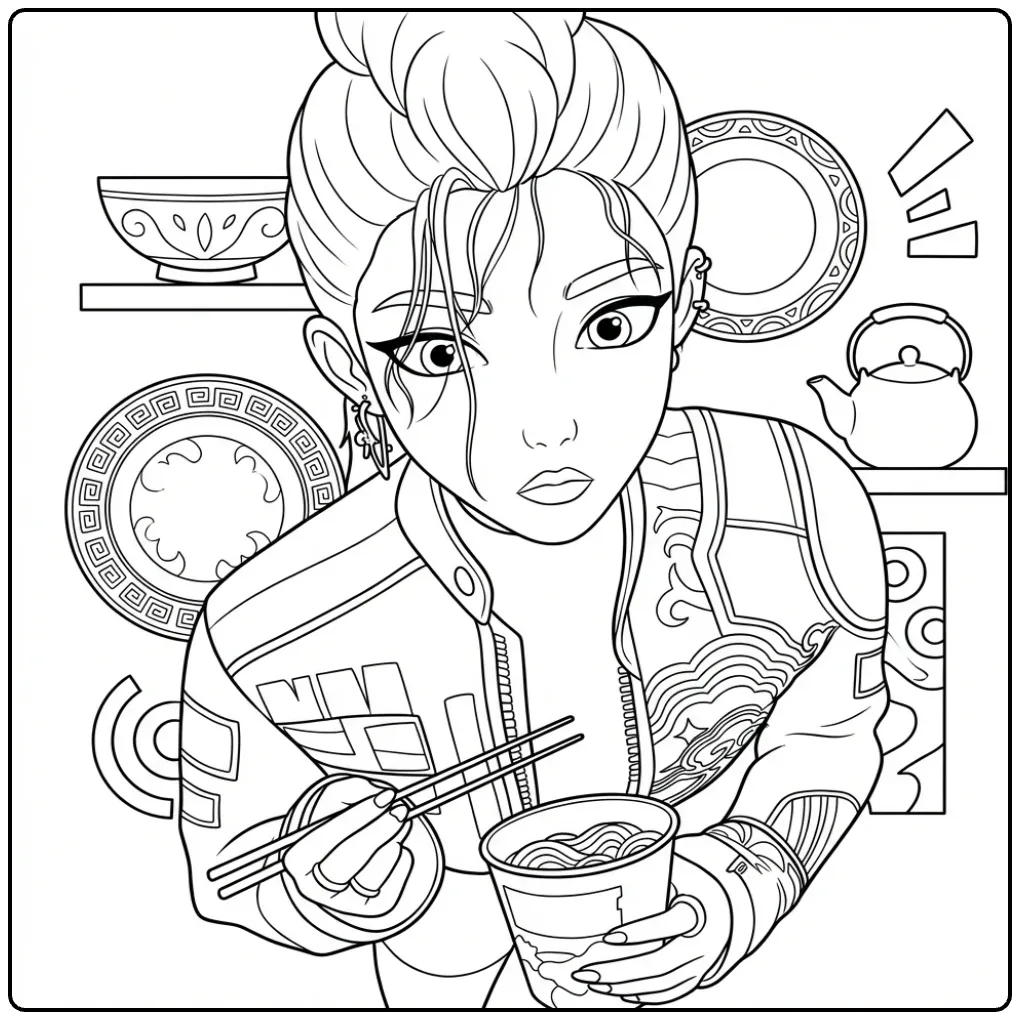 KPop Demon Hunters Rumi Eating Noodles coloring page