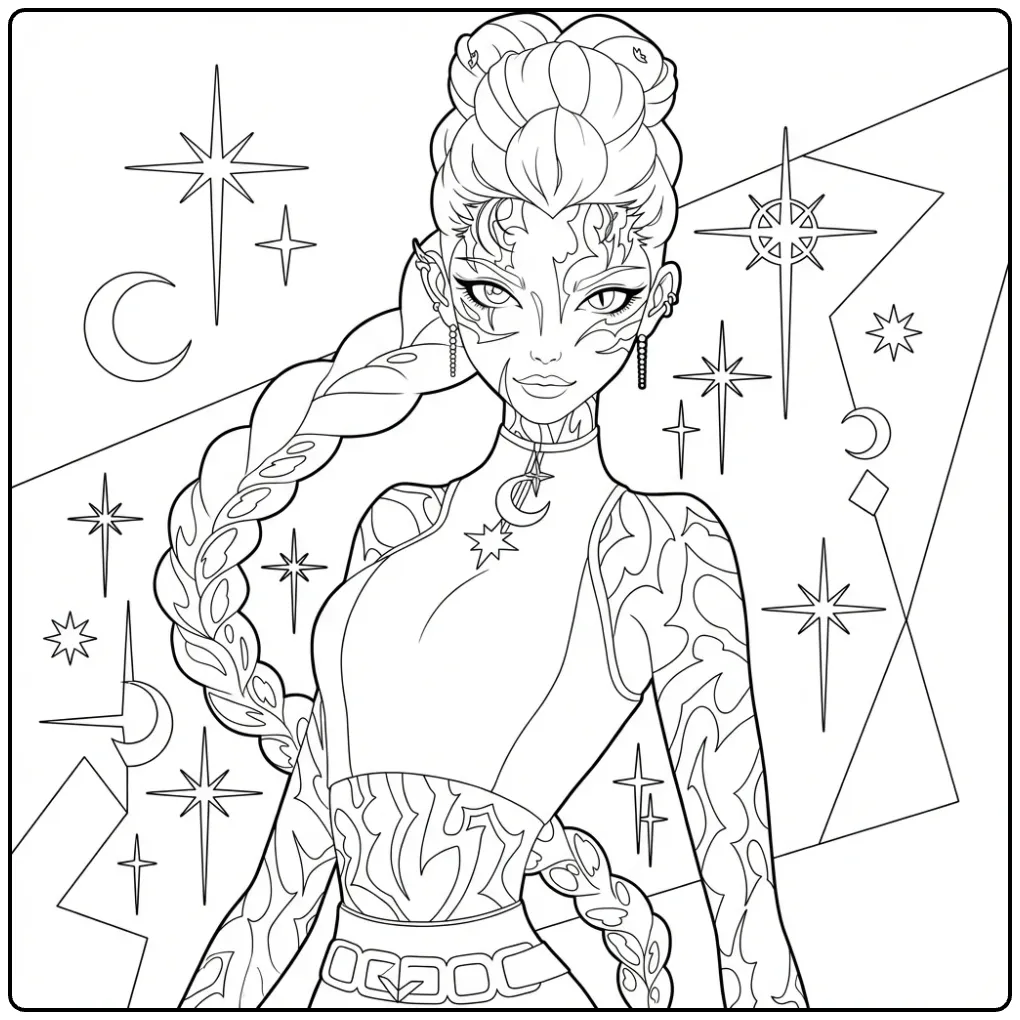 KPop Demon Hunters Rumi Magical Braided Girl coloring page