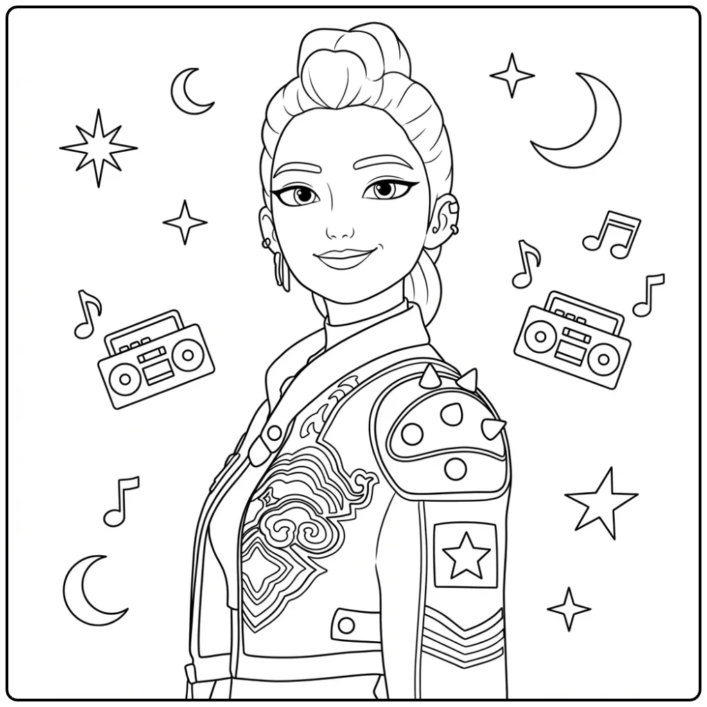 KPop Demon Hunters Rumi Musical Action Hero coloring page