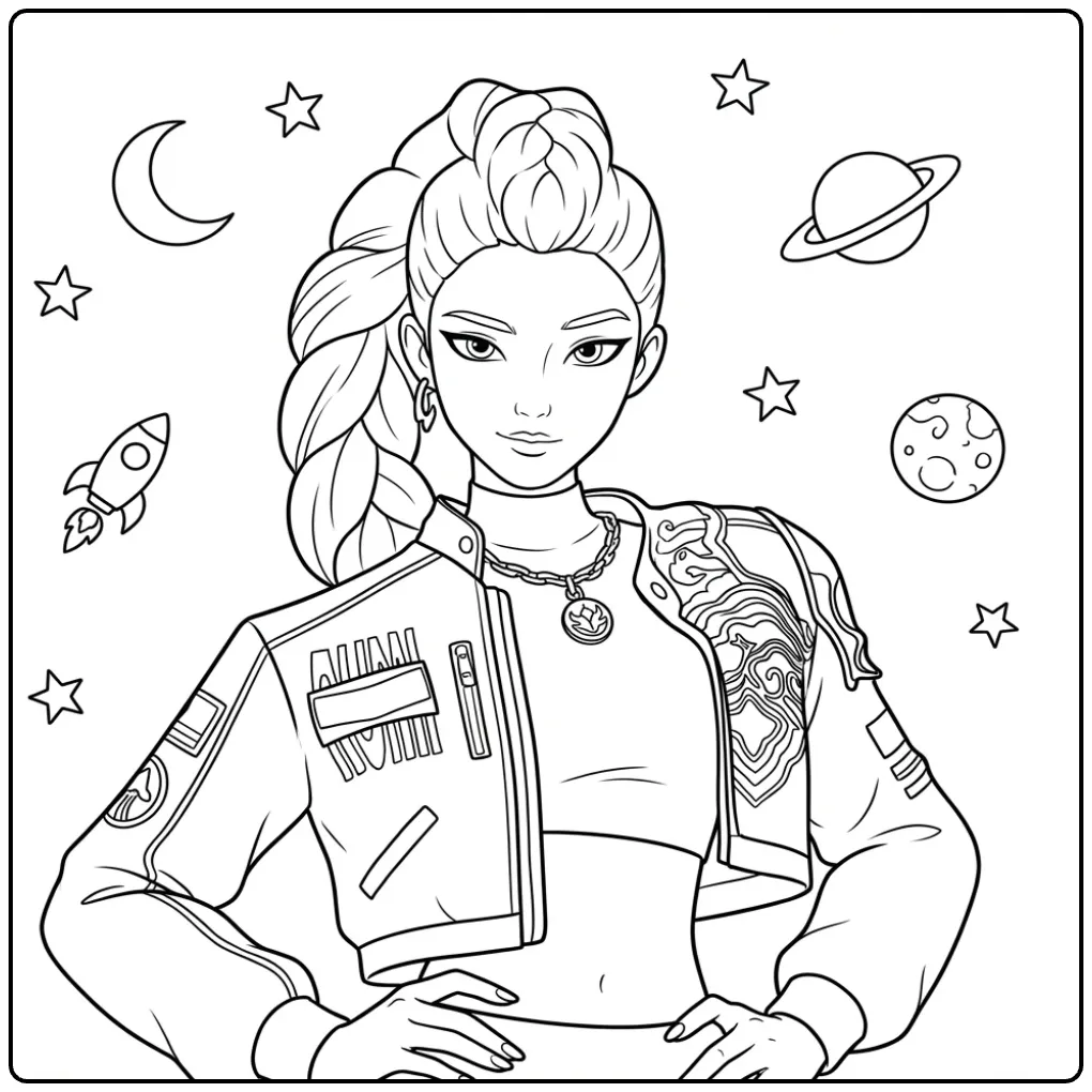 KPop Demon Hunters Rumi Space Adventure coloring page