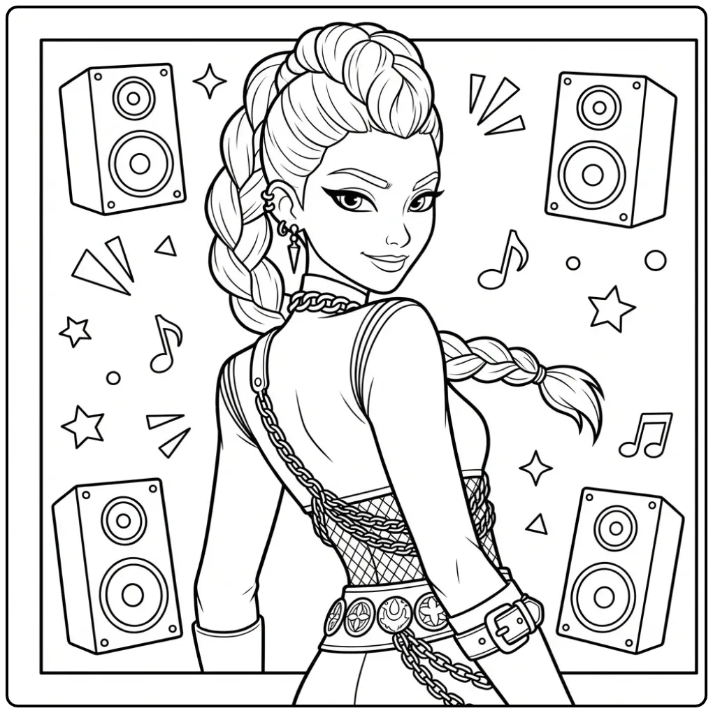 Stylish and Musical KPop Demon Hunters Rumi coloring page