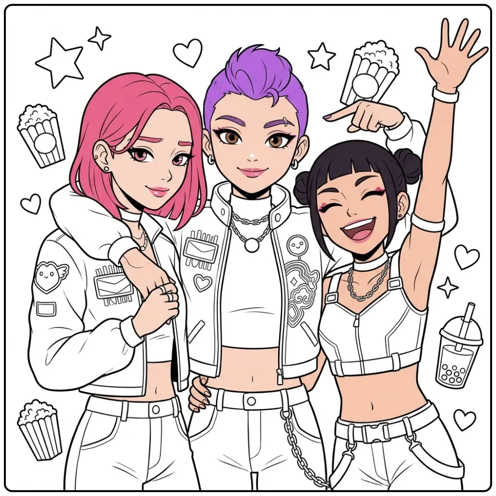 KPop Demon Hunters Stylish Friends coloring page