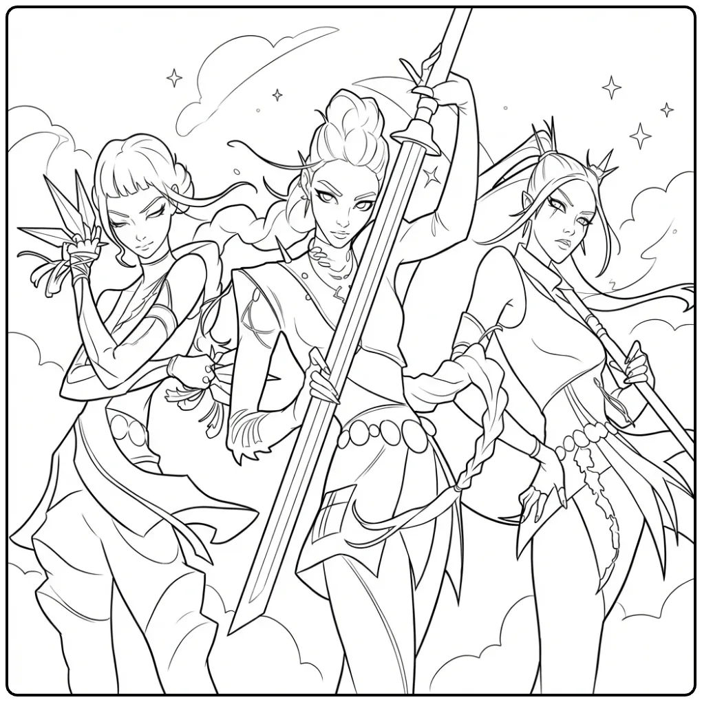 KPop Demon Hunters Tough Female Warriors coloring page