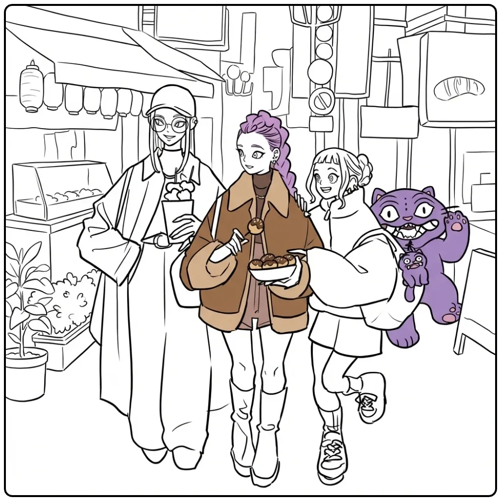KPop Demon Hunters Streetfood Adventure on the Market coloring page